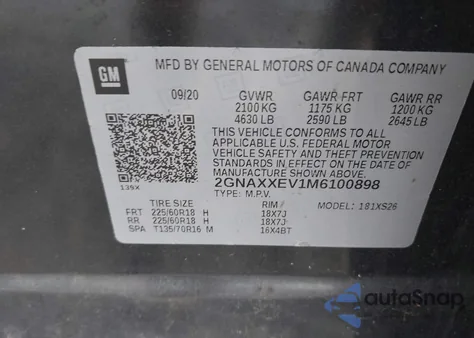 2021 Chevrolet Equinox Awd Premier из США, поврежденный, VIN 2GNAXXEV1M6100898